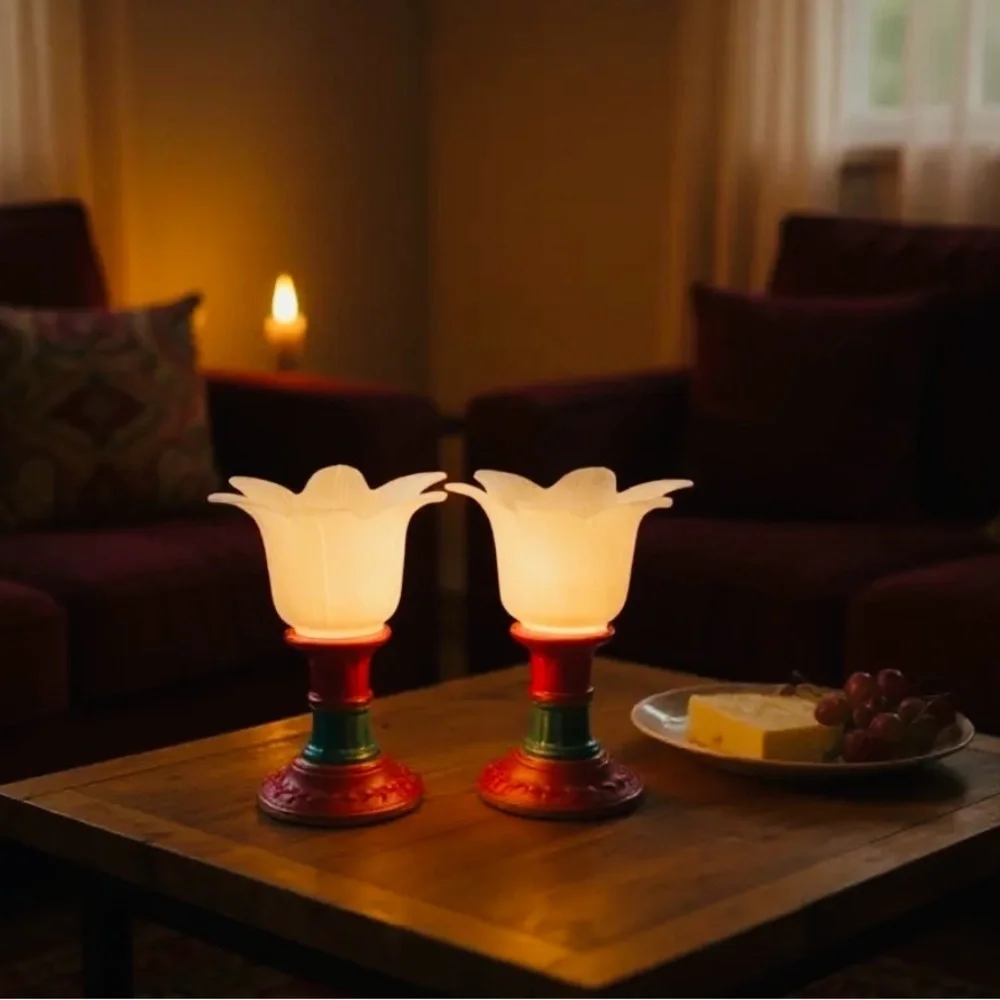 Vintage Portuguese Frosted Tulip Glass Candle Holders Set of 2 6
